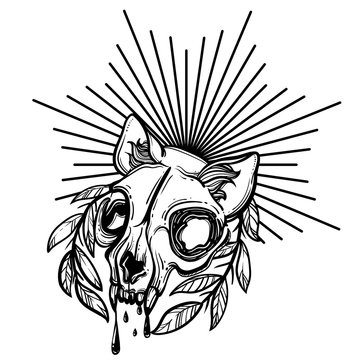 Cat skull. A wreath of leaves. Vector illustration in tattoo style.Gothic brutal skull. For print t-shirts or book coloring.