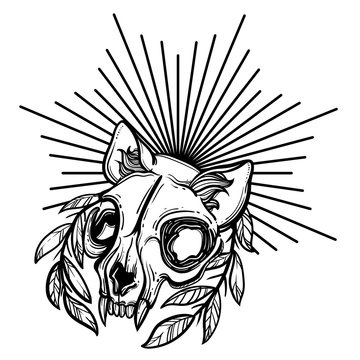 Cat skull. A wreath of leaves. Vector illustration in tattoo style.Gothic brutal skull. For print t-shirts or book coloring.