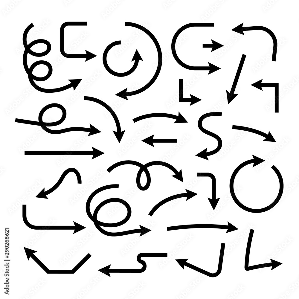 Poster black hand drawn arrows. set of doodles isolated on white background. vector curved arrows.
