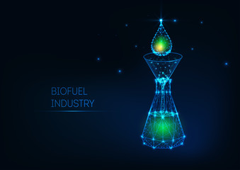 Futuristic biofuel industry concept with glowing low poly green petroleum drop, funnel, flask.