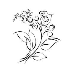 twig with leaves and with stylized flowers in black lines on a white background