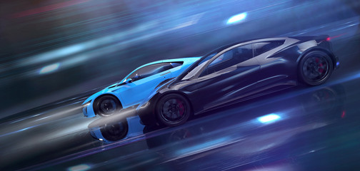 Two high speed sports cars in motion, racing (3D Illustration) - obrazy, fototapety, plakaty