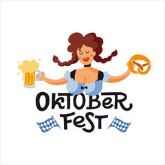 Oktoberfest girl cartoon character. Vector flat color illustration for German beer festival in Munich. Lettering with woman with beer mug, pretzel and Bavarian flag. 