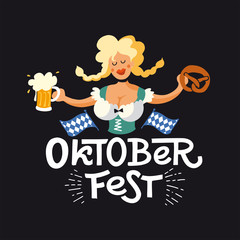 Oktoberfest girl  cartoon character. Vector flat color illustration for German beer festival in Munich. Lettering with woman with beer mug, pretzel and Bavarian flag. 
