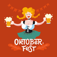 Oktoberfest girl banner. Vector flat color illustration for German beer festival in Munich. Lettering with woman with beer mug, pretzel and Bavarian flag. 