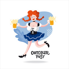 Oktoberfest girl  cartoon character. Vector flat color illustration for German beer festival in Munich. Lettering with woman with beer mug, pretzel and Bavarian flag. 