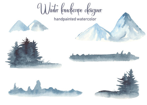 Watercolor set winter landscape with mountains, fir trees, skyline, grass