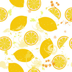 Seamless pattern of isolated lemons and lemon slices with watercolor blots on a white background. Illustration. Vector