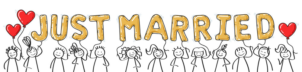 JUST MARRIED stick figure holding golden balloon letters and heart shaped red balloons, banner