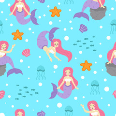 Cute hand drawn mermaid seamless pattern - 290272210