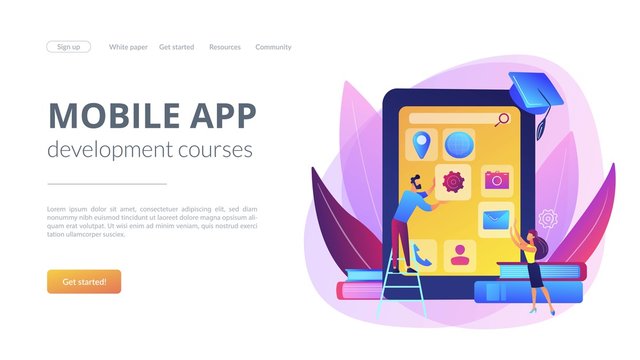 E- learning. Education process. Training application. Mobile app development courses, mobile apps online courses, become a mobile developer concept. Website homepage landing web page template.
