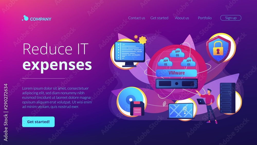 Poster virtual machines. operating system and data storage. virtualization technology, process virtual repr