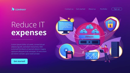 Virtual machines. Operating system and data storage. Virtualization technology, process virtual representation, reduce IT expenses concept. Website homepage landing web page template.