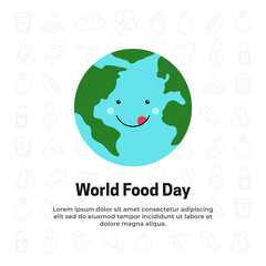 Funny cute earth cartoon face with delicious yummy smile vector illustration for World Food Day celebration poster background concept design