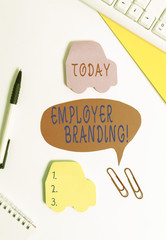 Conceptual hand writing showing Employer Branding. Concept meaning promoting company employer choice to desired target group Red bubble copy space paper on the table with clock