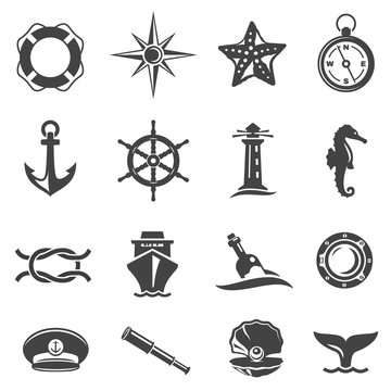 Sea voyage accessories glyph vector icons set