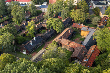 Aerial view of Luostarinmäki Handicrafts Museum at summer day, the only continuous district of wooden houses that survived the fire of 1827 in Turku, Finland