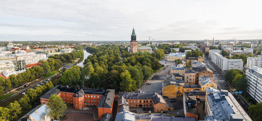 Aerial panorama view of the old great square and Cathedral of Turku with Aurojoki river at summer in Turku, Finland
