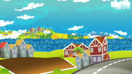 cartoon happy and funny scene of the middle of a city and sea in the background for different usage - illustration for children