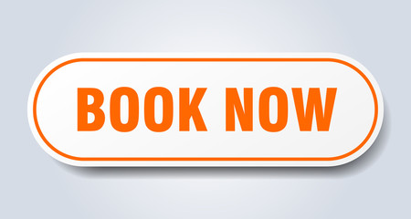 book now sign. book now rounded orange sticker. book now