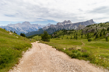 Fototapeta na wymiar Road to the summit in Italian Mountains near Cortina de Ampezzo town. Dolomite Alps in Italy