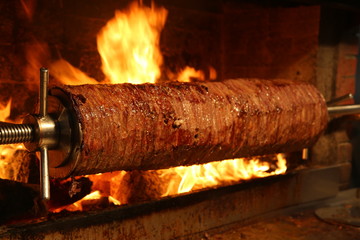 Traditional Turkish Food. Turkish Cag Kebab Doner in wood fired oven.