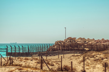 Barbed wire on the beach of La Linea de la Concepcion. Gibraltar border.