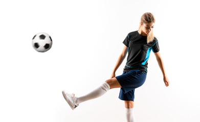 Fototapeta premium Blonde football player teenager girl over isolated white backgro