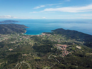 Drone view of Campo nell'Elba, Elba island, Tuscany sea, Italy