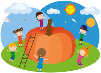 Children harvested pumpkins. Girls and boys enjoy a large ripe pumpkin. Vector illustration.