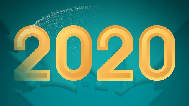 New Year 2020. Against the background of fir trees and houses, the inscription 2020 appears.Santa Klaus, mouse and snowman in the foreground.Happy New Year.Animation video