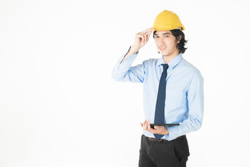 Portrait of Caucasian  handsome  engineering man is confident on white background