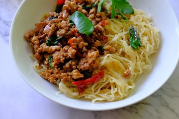 Noodles with chili sauce and pork thai food 