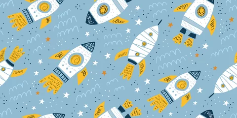 Washable wall murals Cosmos Childish seamless pattern with hand drawn rockets
