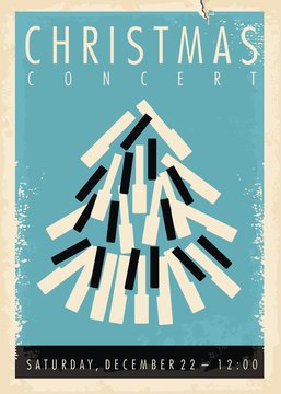 Christmas concert retro poster design idea wit Christmas tree made from piano keys. Vintage vector illustration for classical music festival.
