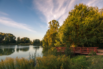 Bridge and pond in Zalesie Dolne, Piaseczno, Poland