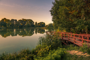 Bridge and pond in Zalesie Dolne, Piaseczno, Poland