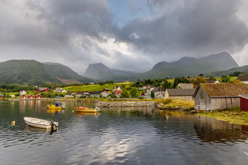 A Norwegian fjord scene. The small village of Rygg in Gloppefjorden, Nordfjord - NORWAY