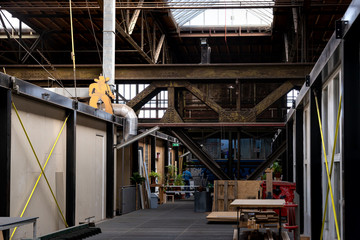  workshops and ateliers in Kunststad or the City of Art in NSDM Wharf on the banks of the River IAmsterdam, Netherlands - June 01, 2019: Images of workshops and ateliers in Kunststad 