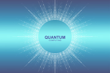 Circular quantum computer technology concept. Sphere explosion background. Deep learning artificial intelligence. Big data algorithms visualization. Waves flow. Quantum explosion, vector illustration