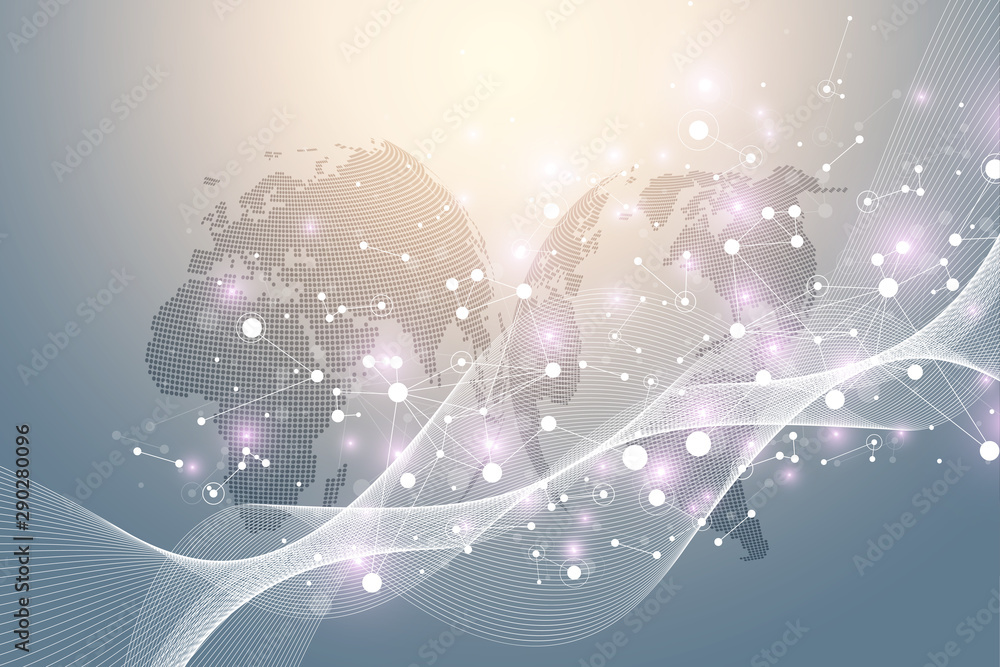 Poster Big data visualization. Geometric abstract background visual information complexity. Futuristic infographics design. Technology background with connected line and dots, wave flow. Vector illustration