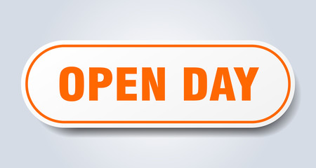 open day sign. open day rounded orange sticker. open day