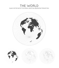 Map of The World. Azimuthal equidistant projection. Globe with latitude and longitude lines. World map on meridians and parallels background. Vector illustration.