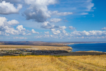 Beautiful aerial landscape on hill and village in autumn.