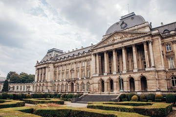 Brussels, Belgium Labyrinths of yellowed shrubs, landscape design, landscaping at Royal Palace with majestic facade