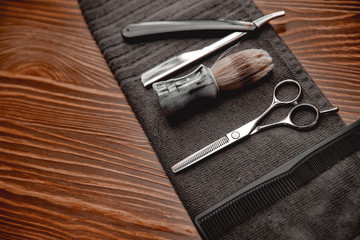 Barber shop background for men beauty salon, hairdresser tools scissors, razor, comb, copy space