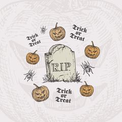 Trick or Treat Halloween Vector Background or Card Template. Hand Drawn Tomb Stone and Pumpkins with Spider Sketch and Vintage Typography. Holiday Decorative Composition.