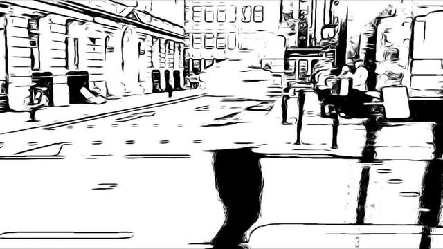 cycle bicycle lane push bike riding tracking through city comic book style animation stock footage video in Black and white - 15 minute city