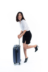 Young woman walk with suitcase.