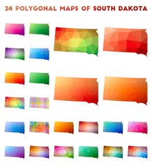 Set of vector polygonal maps of South Dakota. Bright gradient map of us state in low poly style. Multicolored South Dakota map in geometric style for your infographics.